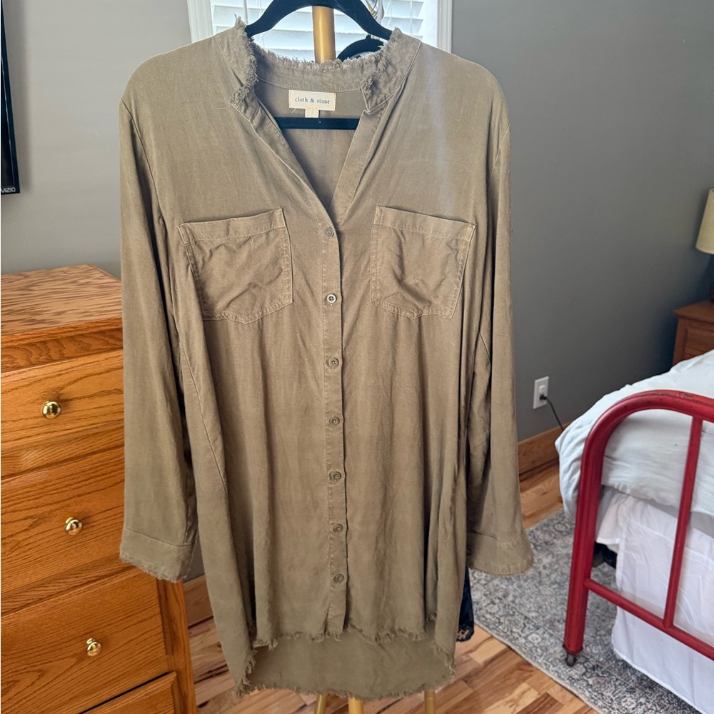 Cloth & Stone Khaki/ olive green Frayed Collar Shirt Dress